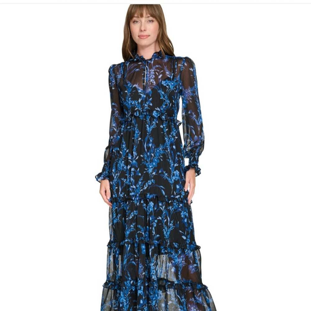 Tommy Hilfiger Women Smocked Neck and Cuffs Long Sleeves Maxi Dress. Size 2. New